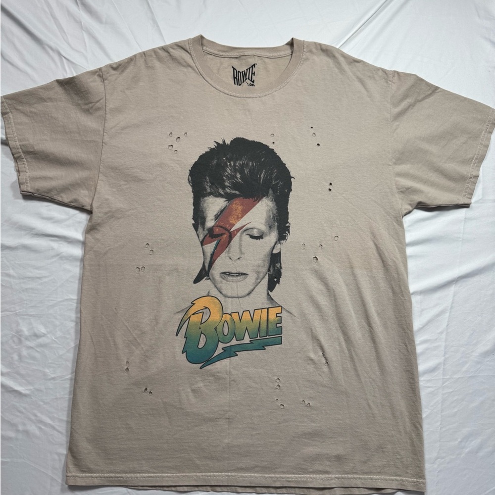 David Bowie Beige Distressed Graphic Tee